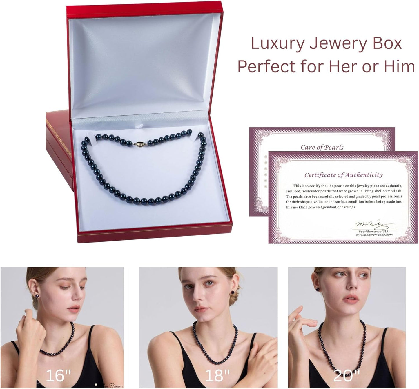 II round PEARL II Black Pearl Necklace Bracelet & Earrings Set for Women 3 Piece Set Strand Stud Earring Pearl Jewelry Christmas Holiday Gift Genuine Cultured Freshwater