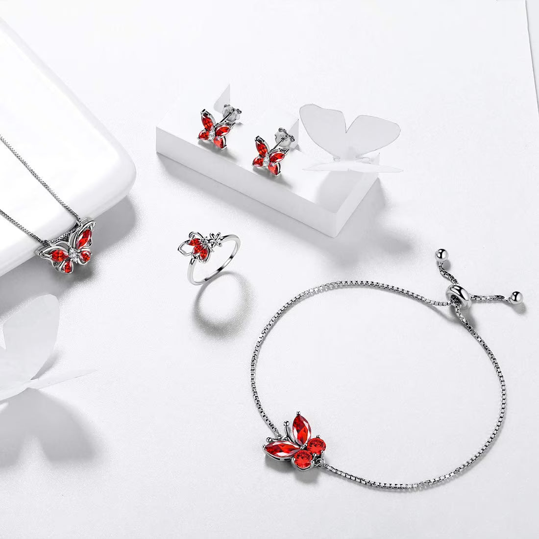 January Birthstone Jewelry Set Red Butterfly Garnet Fine Necklace/Earrings/Ring/Bracelet Sterling Silver Women Xmas Birthday Mother'S Day Gifts