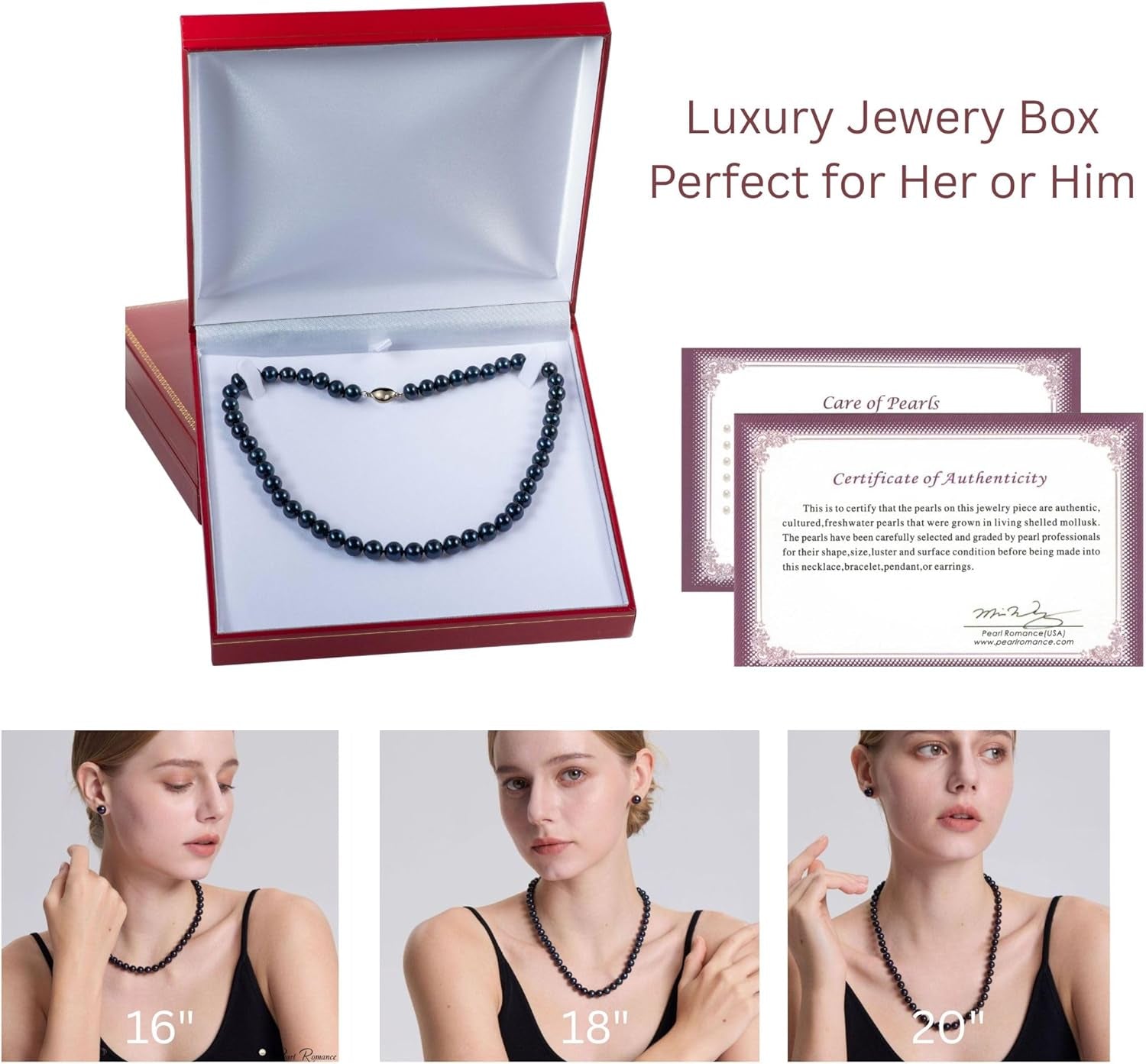 II round PEARL II Black Pearl Necklace Bracelet & Earrings Set for Women 3 Piece Set Strand Stud Earring Pearl Jewelry Christmas Holiday Gift Genuine Cultured Freshwater