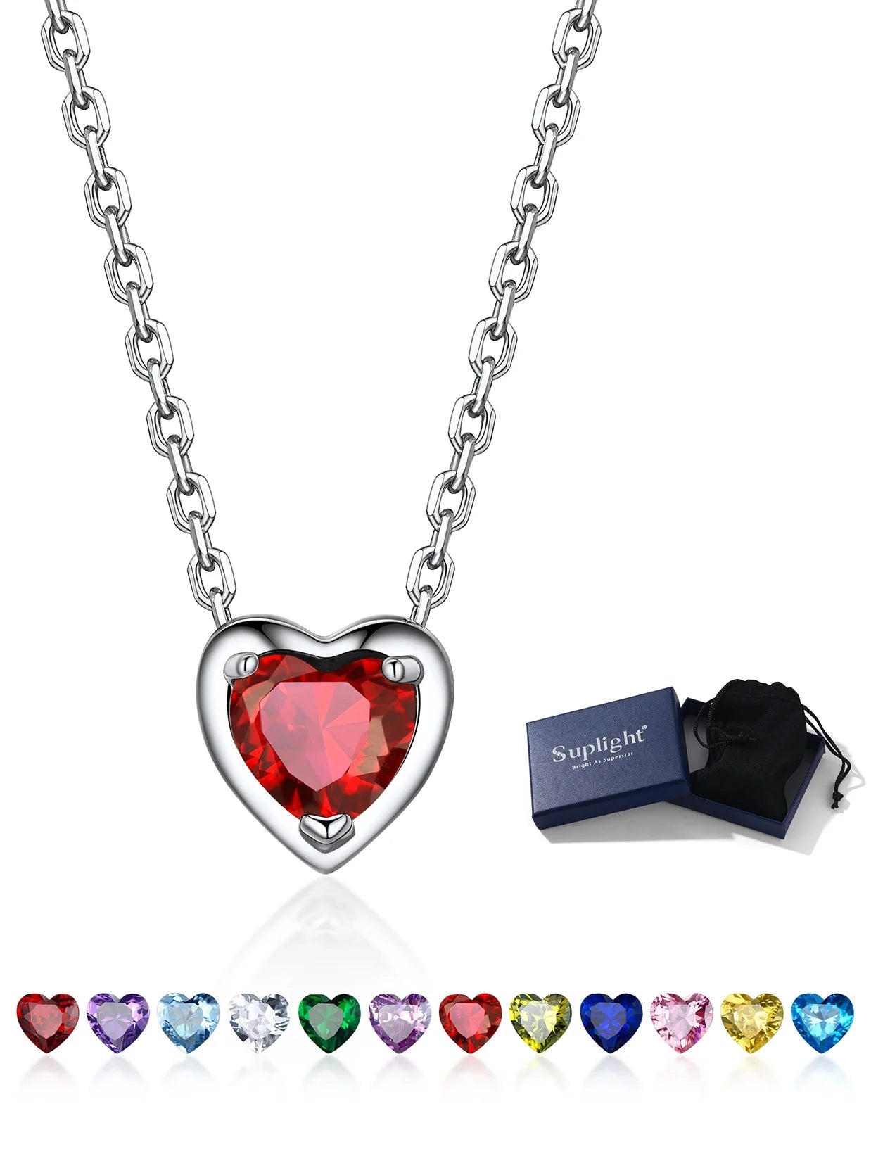 Silver Necklace 925 Sterling Silver Birthstone Love Heart Necklace Valentine'S Day Gift for Her
