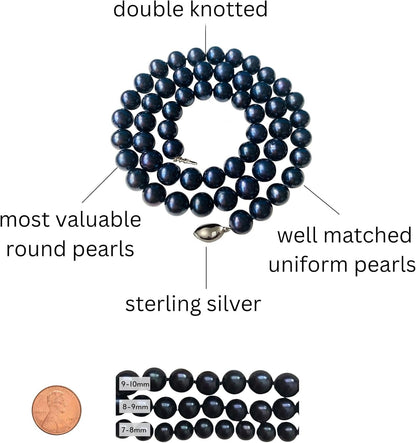 II round PEARL II Black Pearl Necklace Bracelet & Earrings Set for Women 3 Piece Set Strand Stud Earring Pearl Jewelry Christmas Holiday Gift Genuine Cultured Freshwater