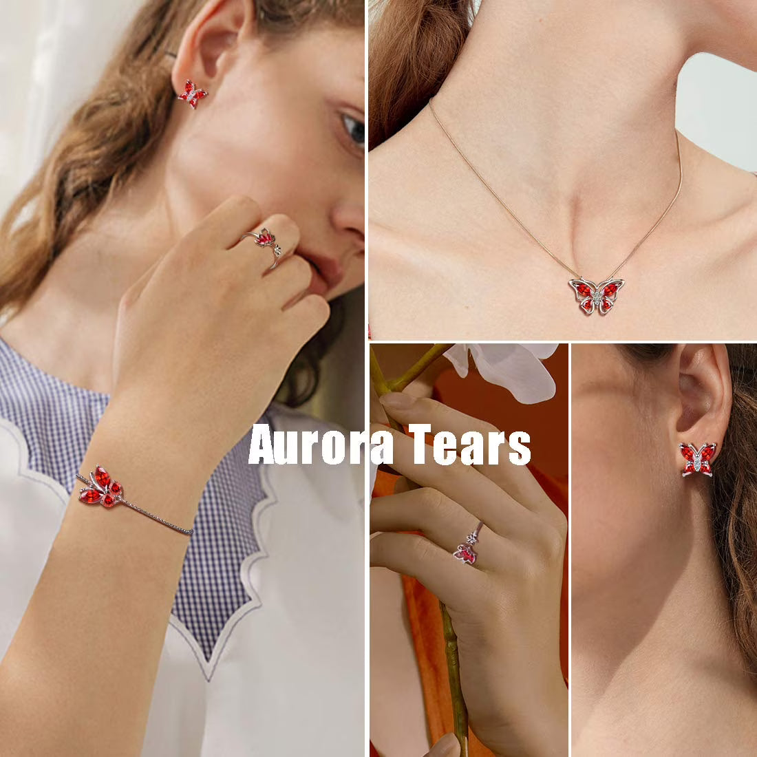 January Birthstone Jewelry Set Red Butterfly Garnet Fine Necklace/Earrings/Ring/Bracelet Sterling Silver Women Xmas Birthday Mother'S Day Gifts