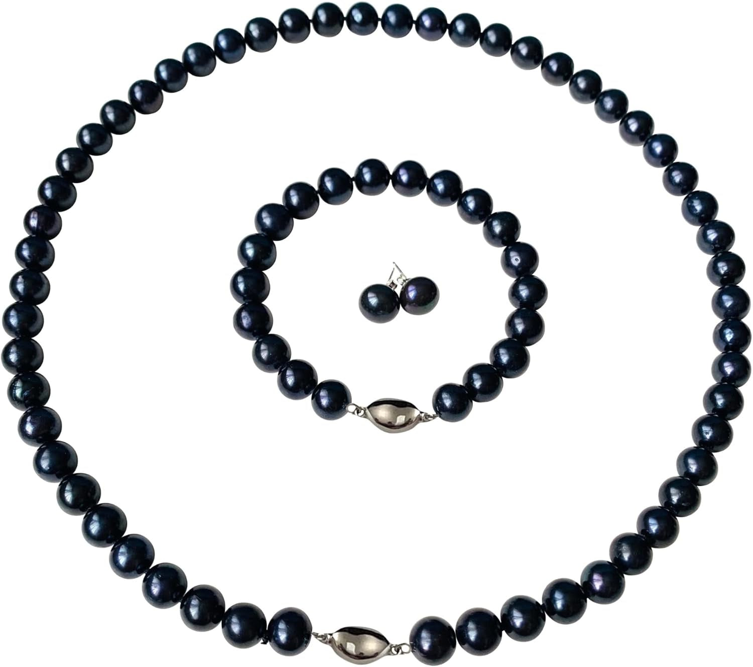 II round PEARL II Black Pearl Necklace Bracelet & Earrings Set for Women 3 Piece Set Strand Stud Earring Pearl Jewelry Christmas Holiday Gift Genuine Cultured Freshwater