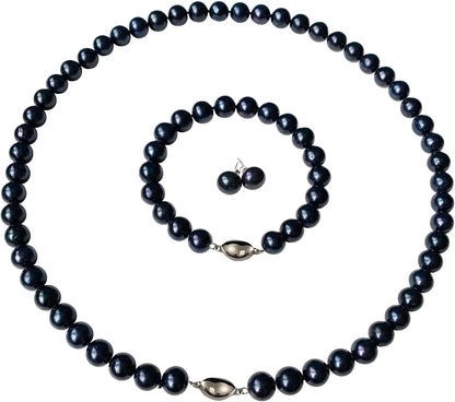 II round PEARL II Black Pearl Necklace Bracelet & Earrings Set for Women 3 Piece Set Strand Stud Earring Pearl Jewelry Christmas Holiday Gift Genuine Cultured Freshwater