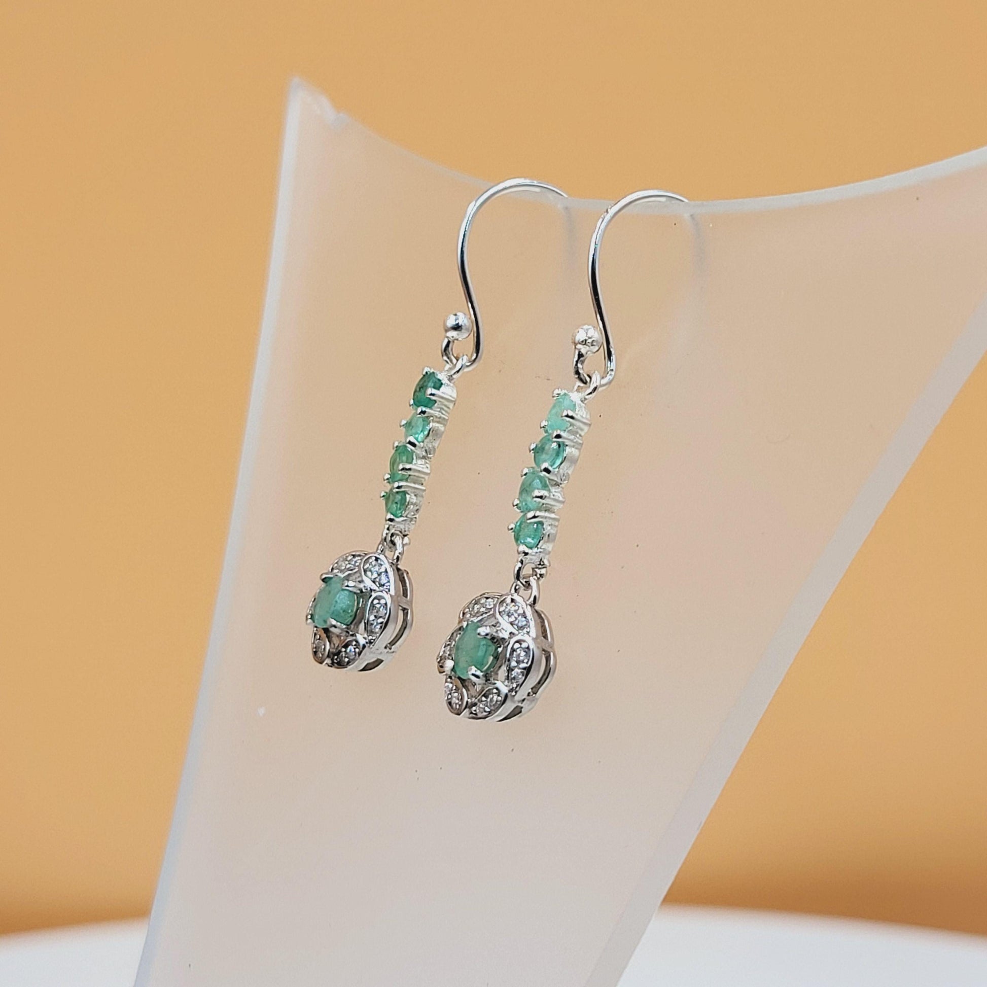 Emerald Sterling Silver Drop Earrings, Cubic Zirconia Halo