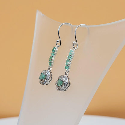 Emerald Sterling Silver Drop Earrings, Cubic Zirconia Halo