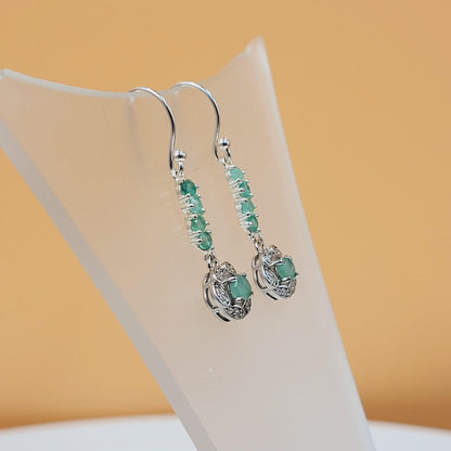 Emerald Sterling Silver Drop Earrings, Cubic Zirconia Halo