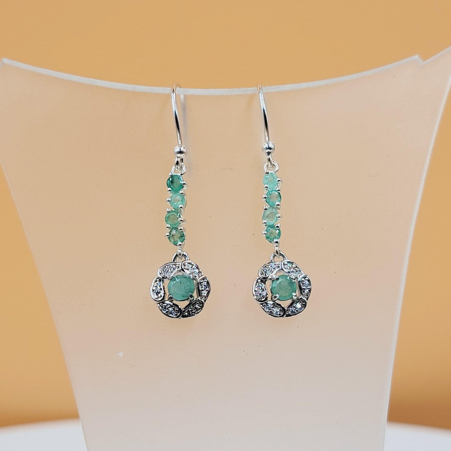 Emerald Sterling Silver Drop Earrings, Cubic Zirconia Halo